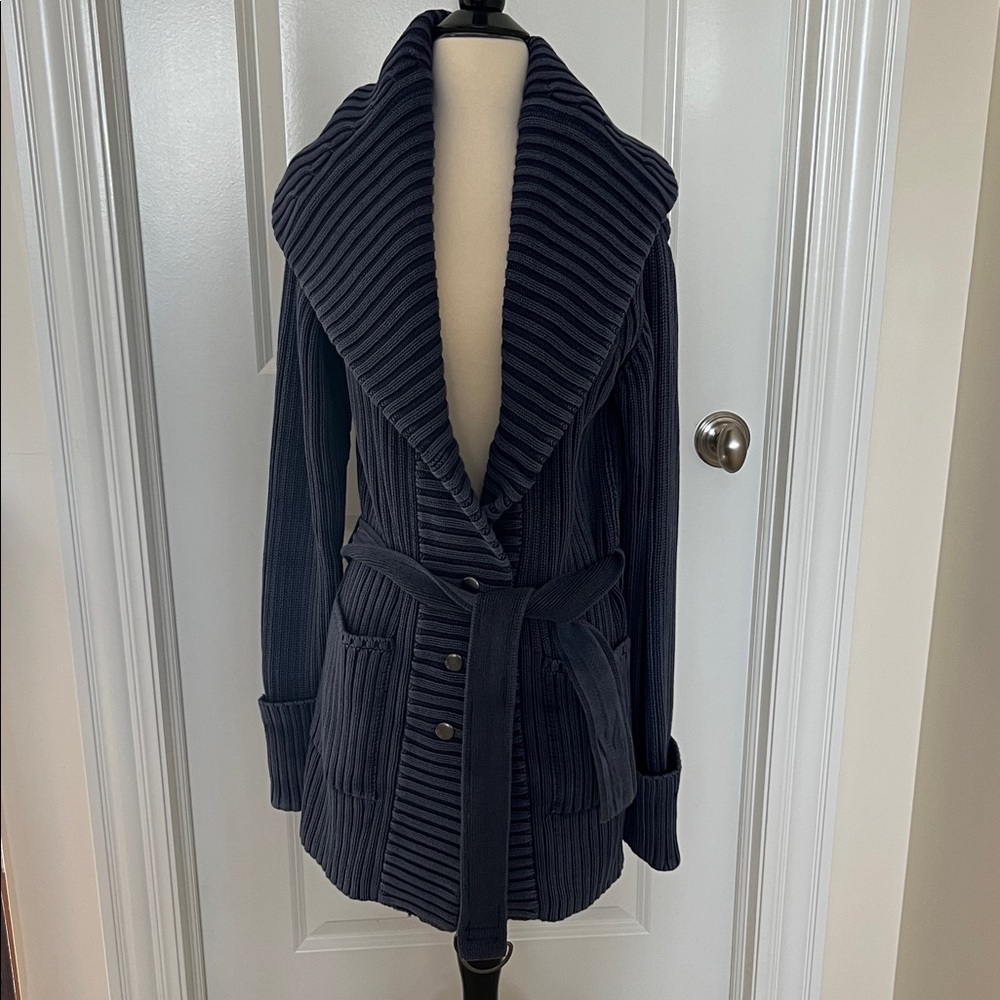 Free People Women's Navy Ribbed Shawl Collar Teddy Jacket with Belt